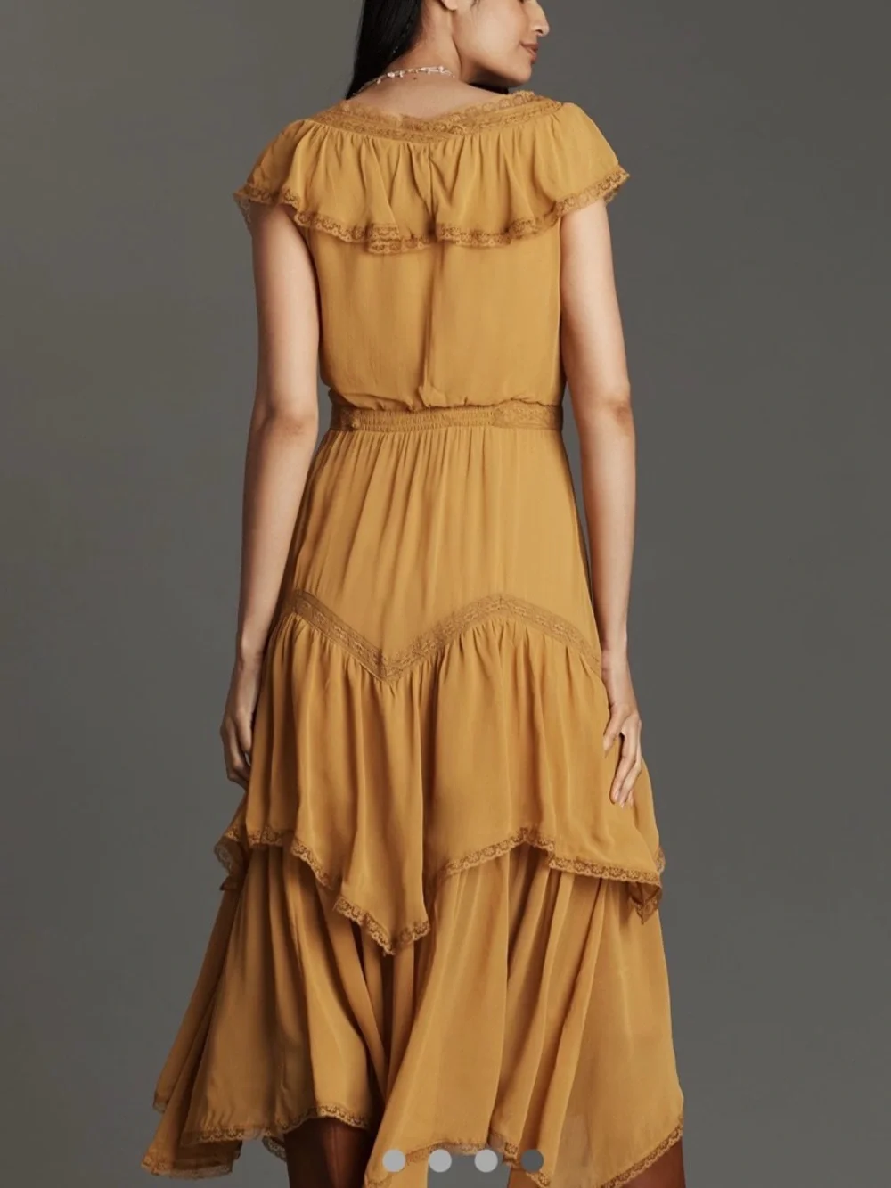 Anthropologie Mustard Tiered Maxi Dress with Ruffle V-Neck short sleeve dress - Picture 4 of 5
